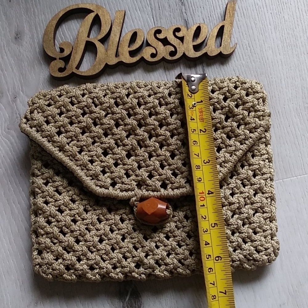 Crochet tan clutch‎ mini bag hand made boho - Picture 4 of 7